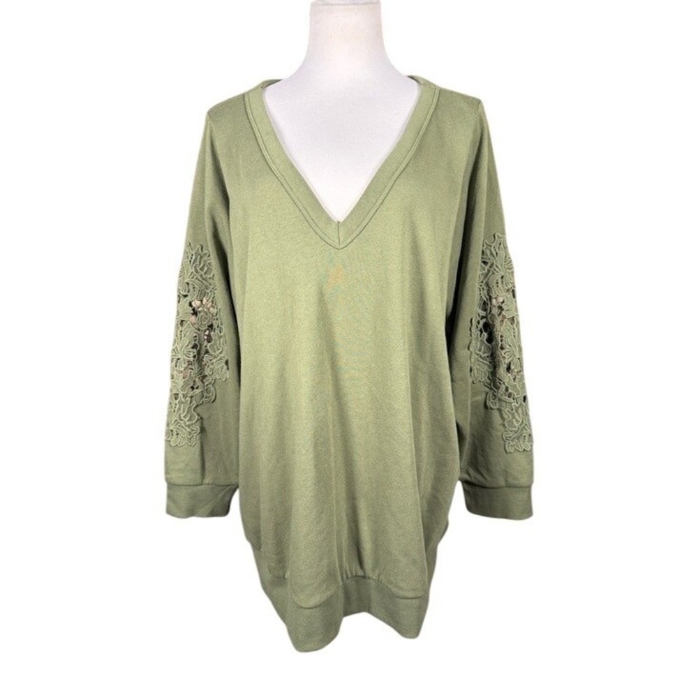 Torrid Olivine Green Cozy Fleece V-Neck Crochet Lace Sleeve Sweatshirt 3X 3 NEW